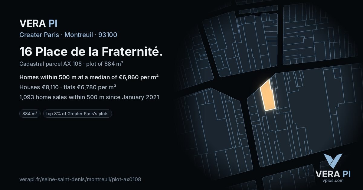 16 Place de la Fraternité, Montreuil at night – the plot lit, the parcels around coloured by the prices near them