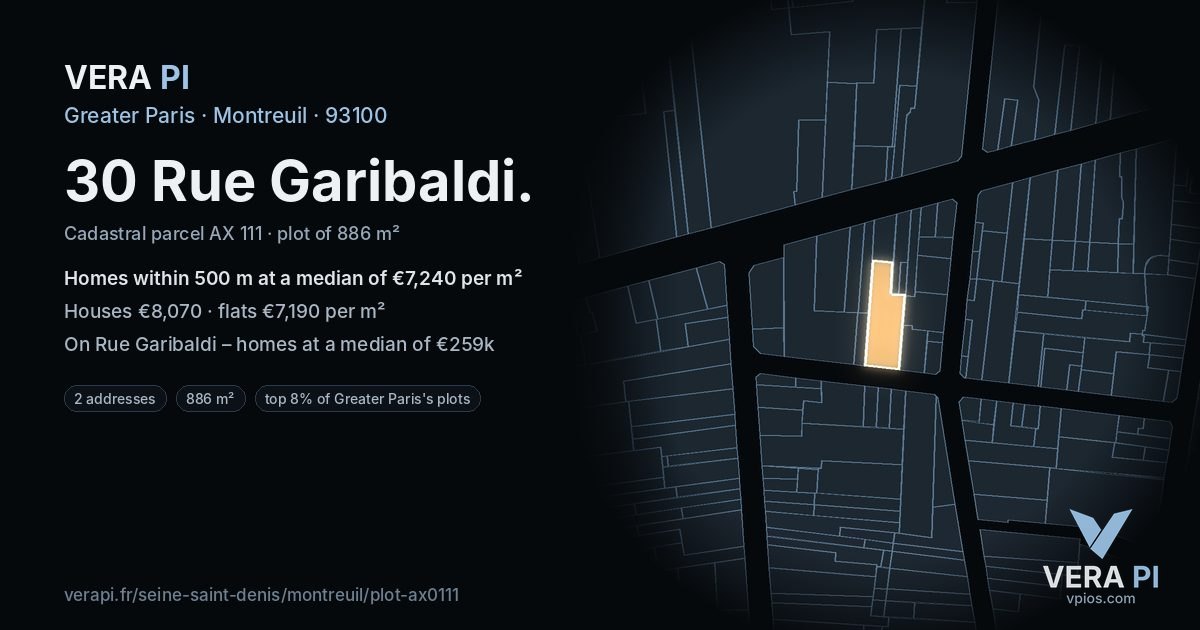 30 Rue Garibaldi, Montreuil at night – the plot lit, the parcels around coloured by the prices near them