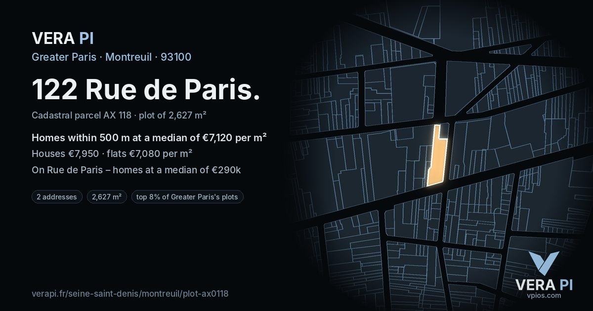 122 Rue de Paris, Montreuil at night – the plot lit, the parcels around coloured by the prices near them