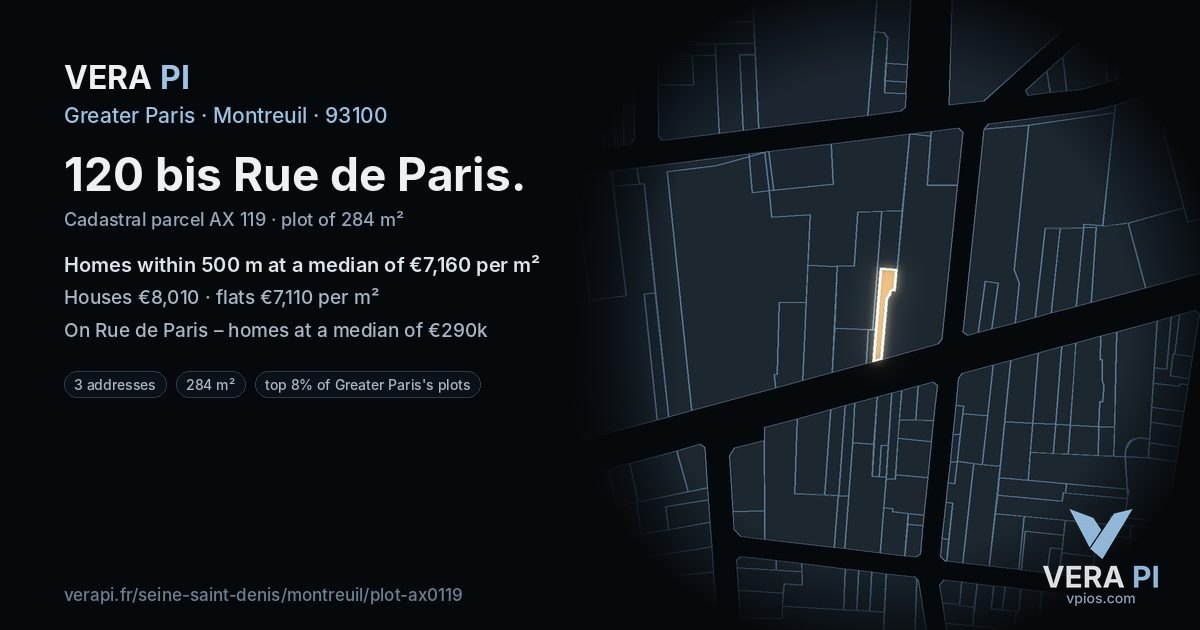 120 bis Rue de Paris, Montreuil at night – the plot lit, the parcels around coloured by the prices near them