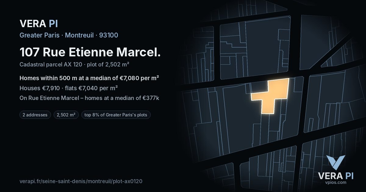 107 Rue Etienne Marcel, Montreuil at night – the plot lit, the parcels around coloured by the prices near them