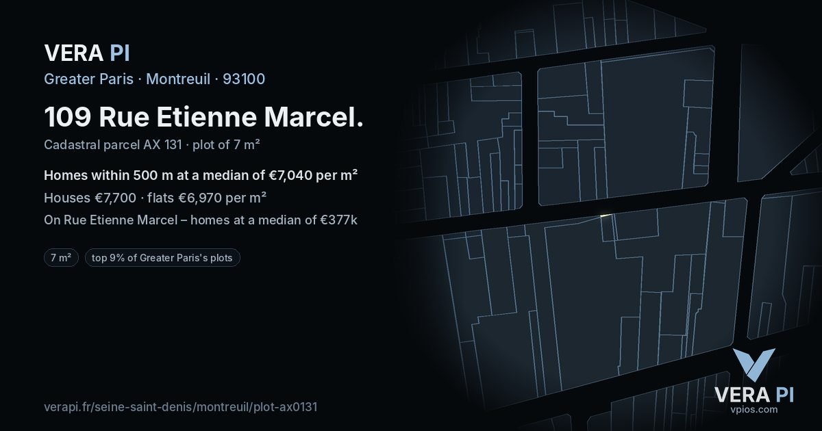 109 Rue Etienne Marcel, Montreuil at night – the plot lit, the parcels around coloured by the prices near them