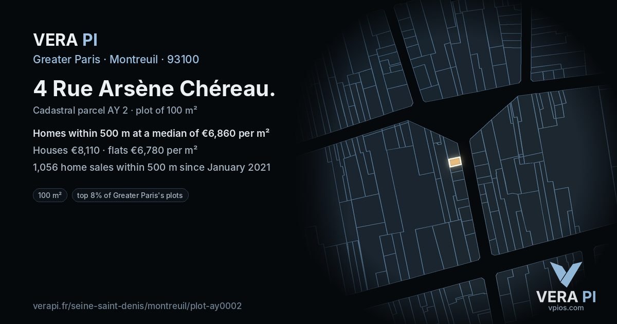 4 Rue Arsène Chéreau, Montreuil at night – the plot lit, the parcels around coloured by the prices near them