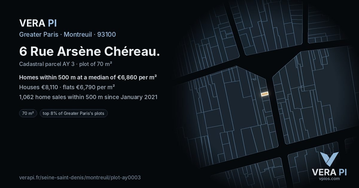 6 Rue Arsène Chéreau, Montreuil at night – the plot lit, the parcels around coloured by the prices near them
