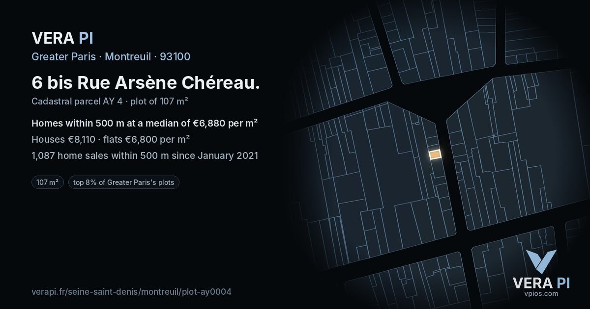 6 bis Rue Arsène Chéreau, Montreuil at night – the plot lit, the parcels around coloured by the prices near them