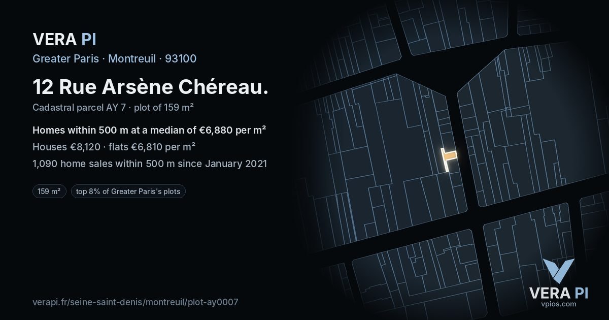 12 Rue Arsène Chéreau, Montreuil at night – the plot lit, the parcels around coloured by the prices near them