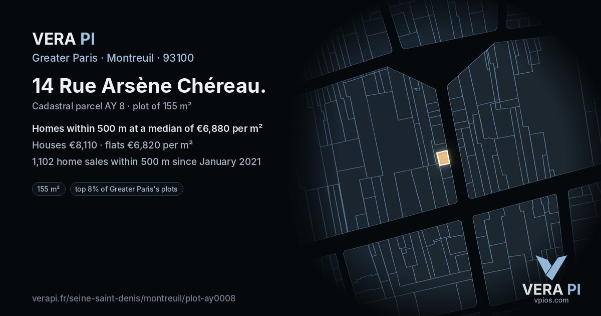 14 Rue Arsène Chéreau, Montreuil at night – the plot lit, the parcels around coloured by the prices near them