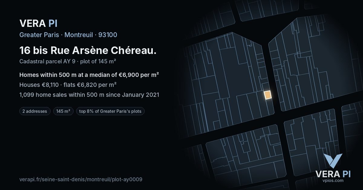 16 bis Rue Arsène Chéreau, Montreuil at night – the plot lit, the parcels around coloured by the prices near them
