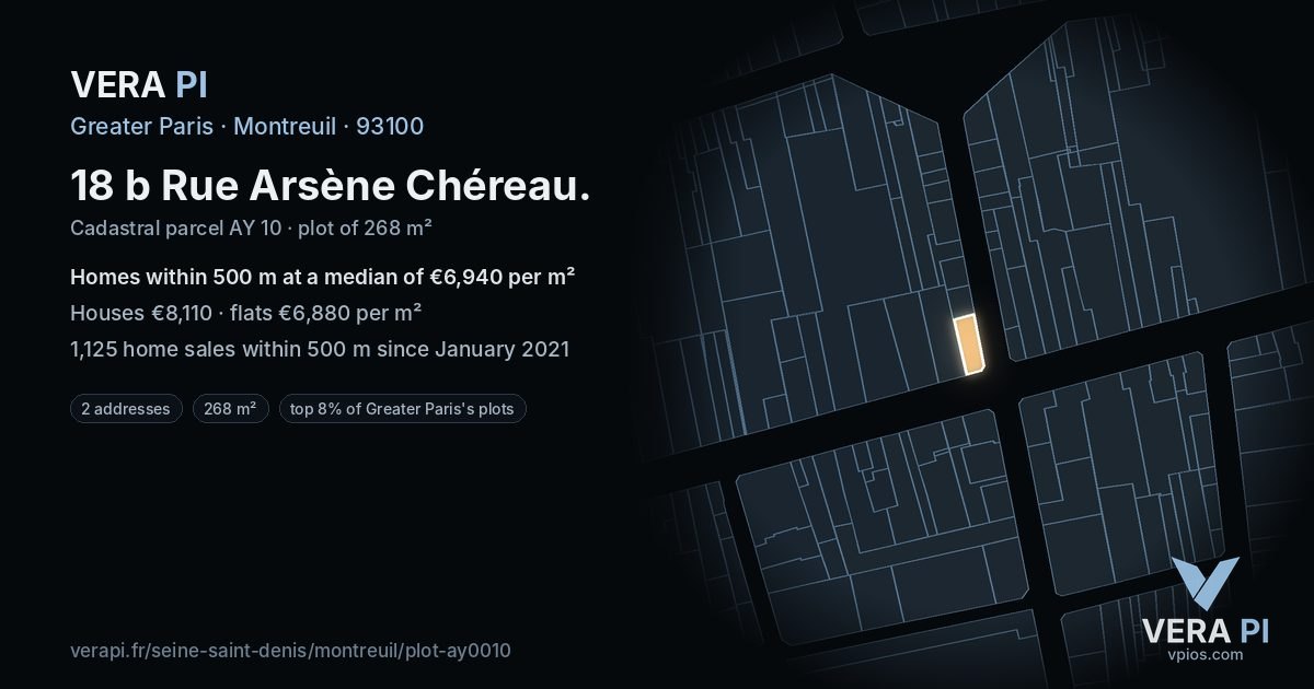 18 b Rue Arsène Chéreau, Montreuil at night – the plot lit, the parcels around coloured by the prices near them