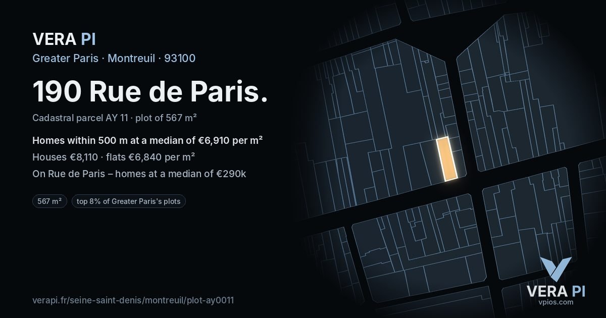 190 Rue de Paris, Montreuil at night – the plot lit, the parcels around coloured by the prices near them