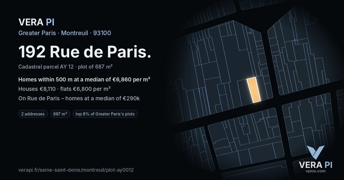 192 Rue de Paris, Montreuil at night – the plot lit, the parcels around coloured by the prices near them