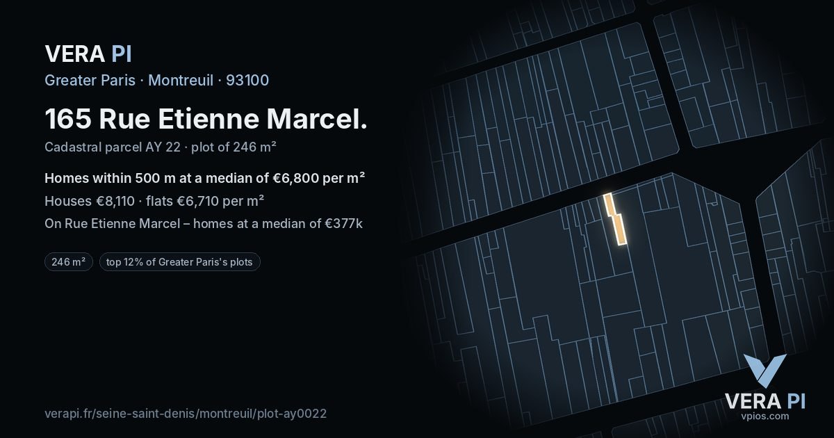 165 Rue Etienne Marcel, Montreuil at night – the plot lit, the parcels around coloured by the prices near them