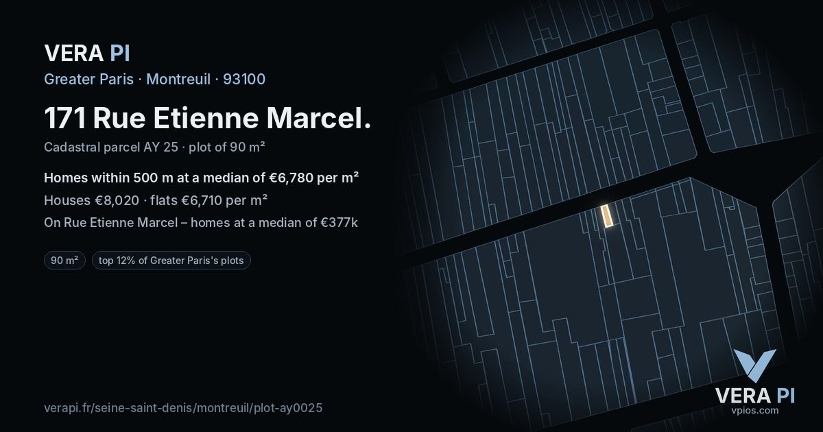 171 Rue Etienne Marcel, Montreuil at night – the plot lit, the parcels around coloured by the prices near them