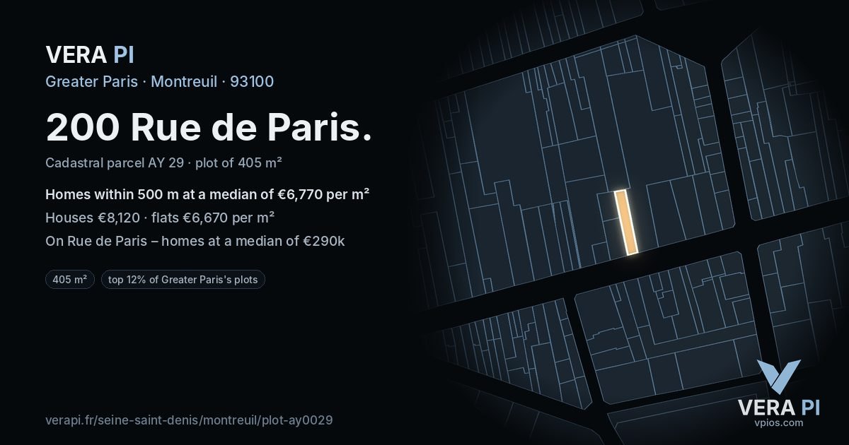 200 Rue de Paris, Montreuil at night – the plot lit, the parcels around coloured by the prices near them
