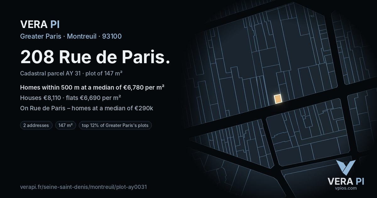 208 Rue de Paris, Montreuil at night – the plot lit, the parcels around coloured by the prices near them