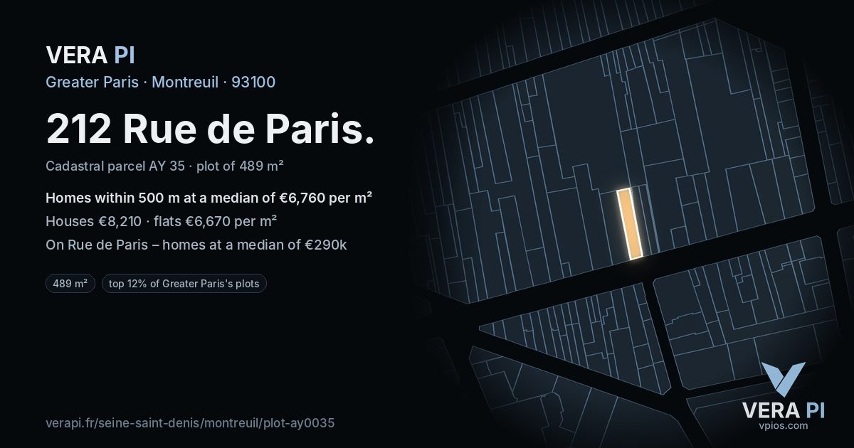 212 Rue de Paris, Montreuil at night – the plot lit, the parcels around coloured by the prices near them