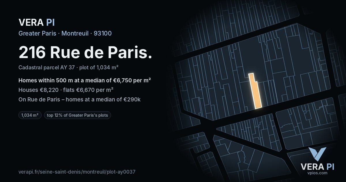 216 Rue de Paris, Montreuil at night – the plot lit, the parcels around coloured by the prices near them