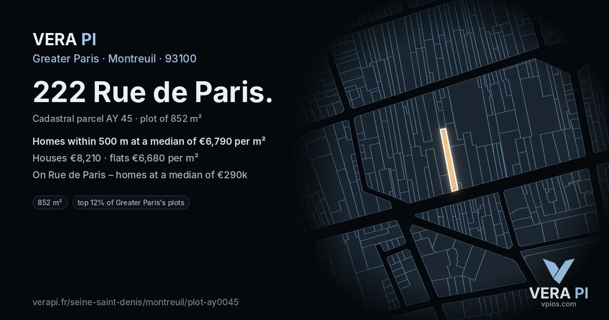 222 Rue de Paris, Montreuil at night – the plot lit, the parcels around coloured by the prices near them