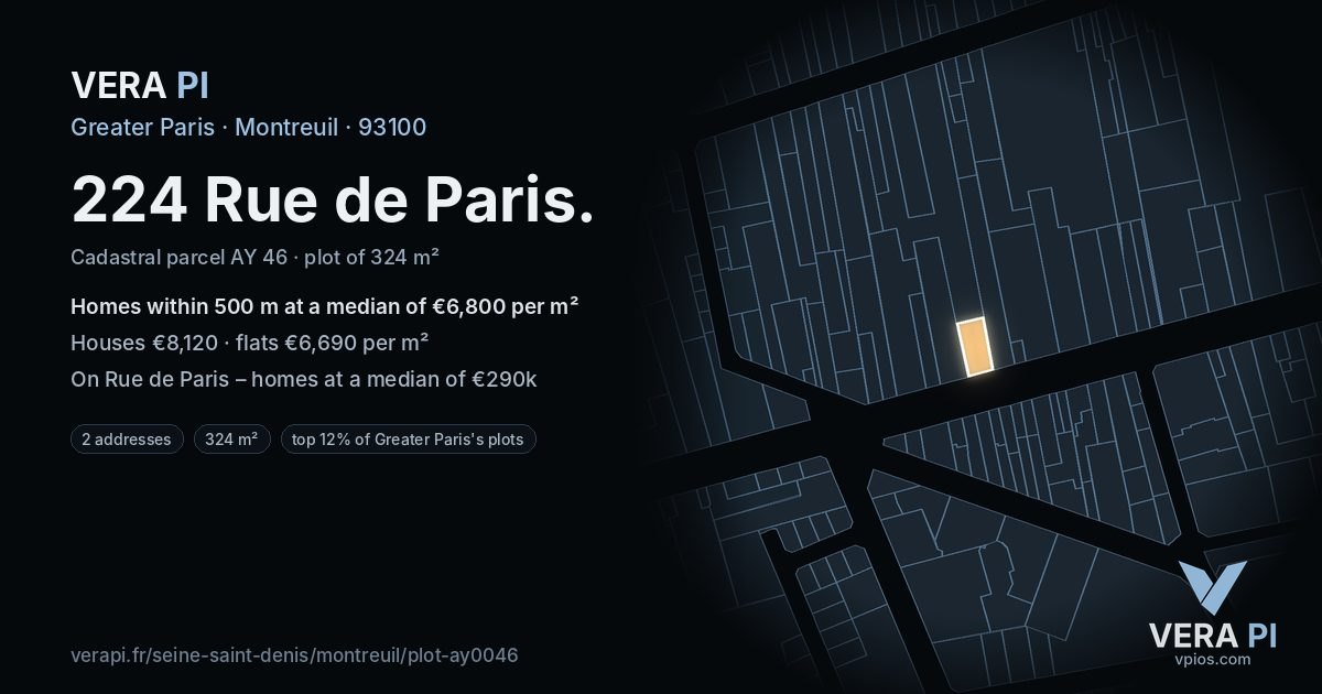 224 Rue de Paris, Montreuil at night – the plot lit, the parcels around coloured by the prices near them