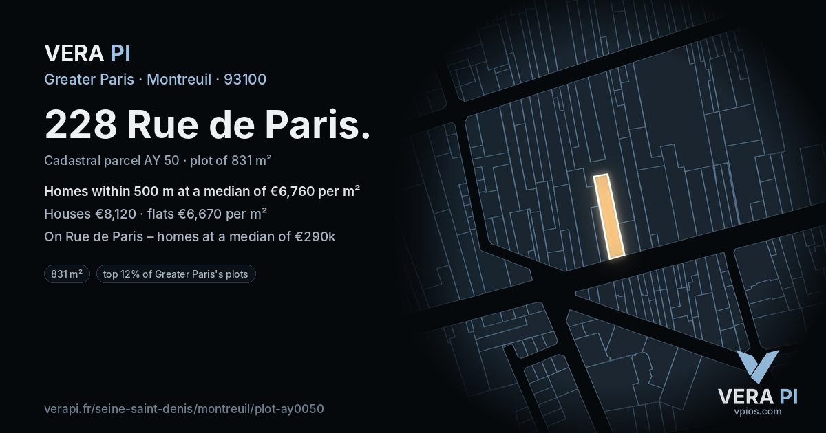228 Rue de Paris, Montreuil at night – the plot lit, the parcels around coloured by the prices near them