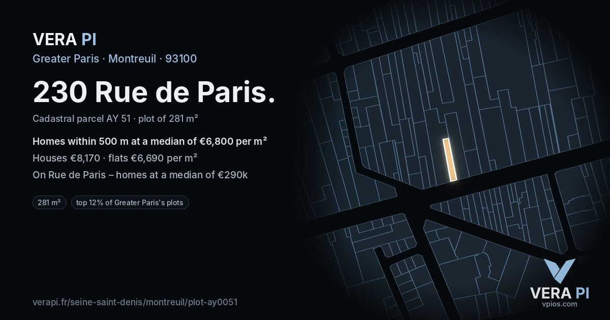 230 Rue de Paris, Montreuil at night – the plot lit, the parcels around coloured by the prices near them