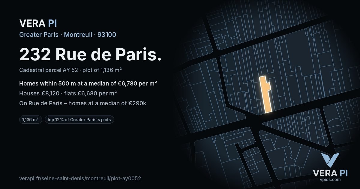 232 Rue de Paris, Montreuil at night – the plot lit, the parcels around coloured by the prices near them