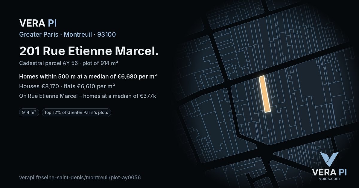201 Rue Etienne Marcel, Montreuil at night – the plot lit, the parcels around coloured by the prices near them