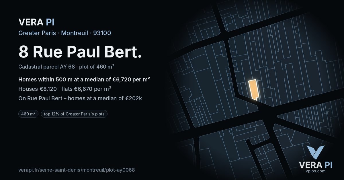 8 Rue Paul Bert, Montreuil at night – the plot lit, the parcels around coloured by the prices near them