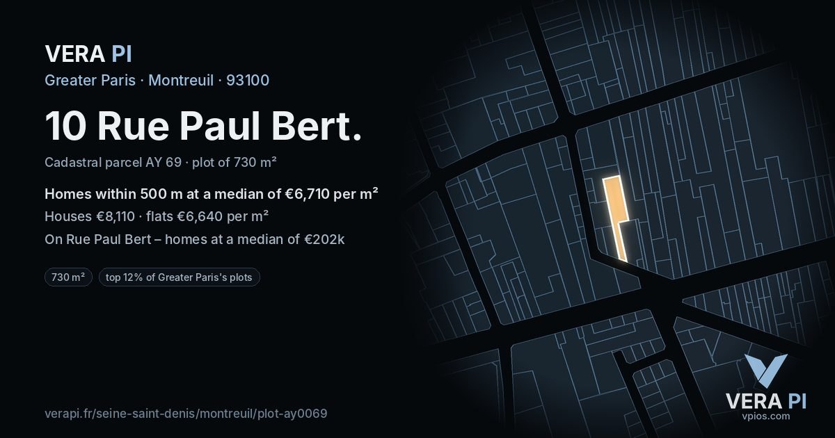 10 Rue Paul Bert, Montreuil at night – the plot lit, the parcels around coloured by the prices near them