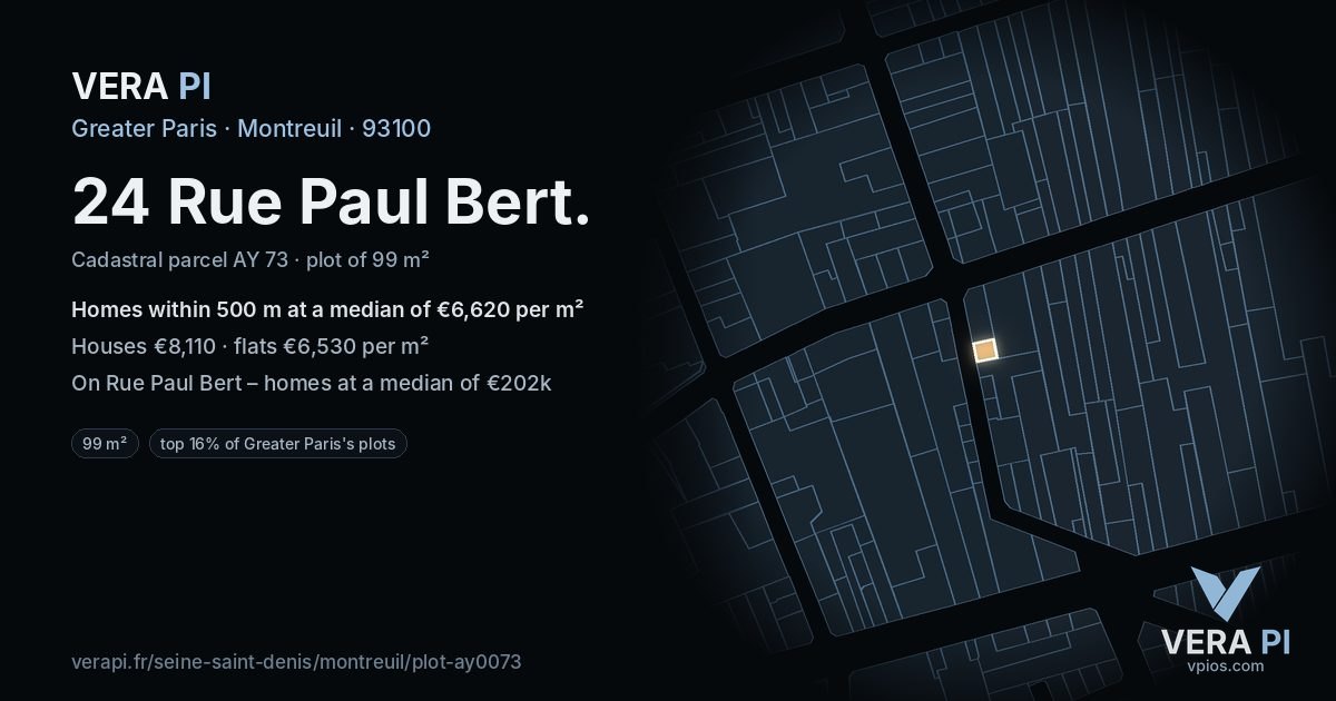 24 Rue Paul Bert, Montreuil at night – the plot lit, the parcels around coloured by the prices near them