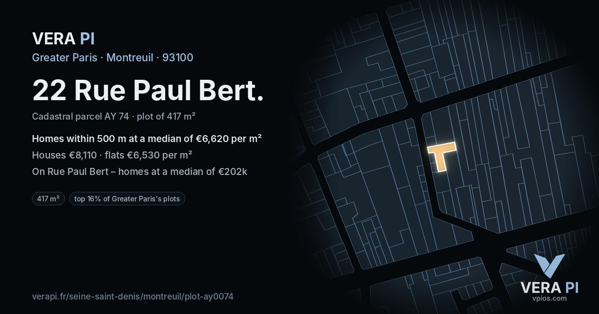 22 Rue Paul Bert, Montreuil at night – the plot lit, the parcels around coloured by the prices near them