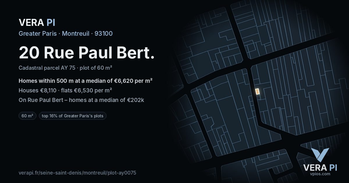 20 Rue Paul Bert, Montreuil at night – the plot lit, the parcels around coloured by the prices near them