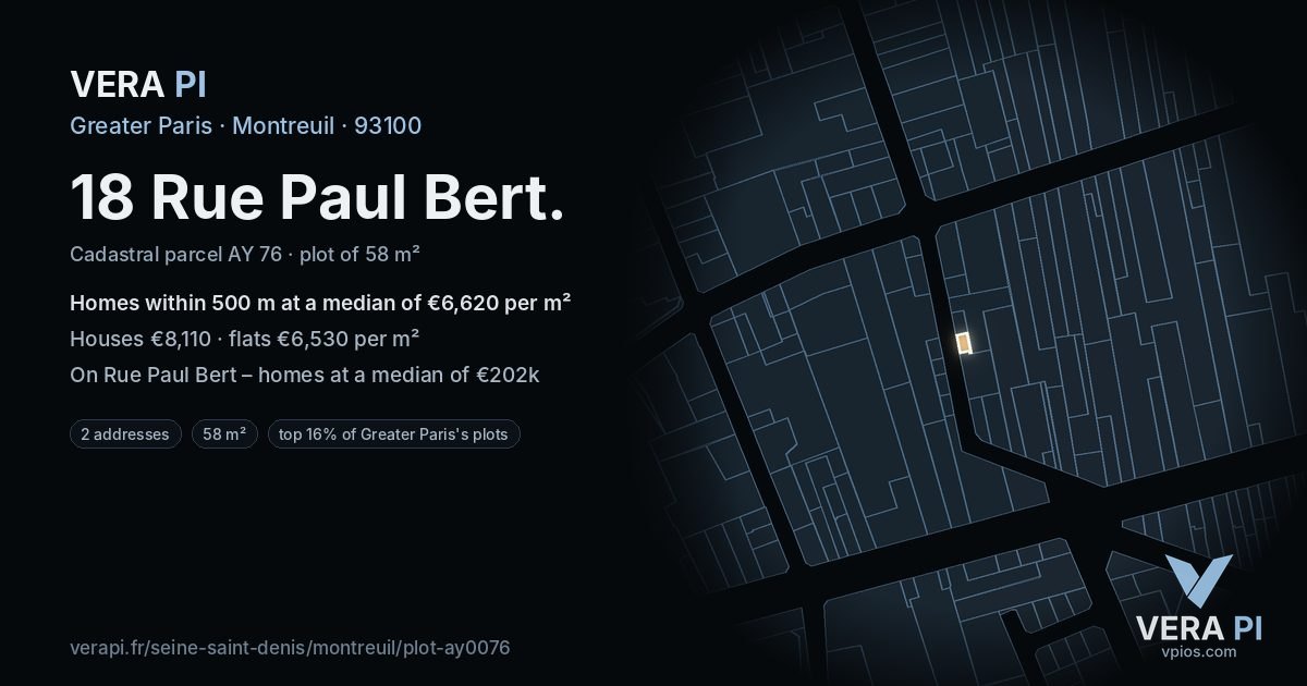 18 Rue Paul Bert, Montreuil at night – the plot lit, the parcels around coloured by the prices near them