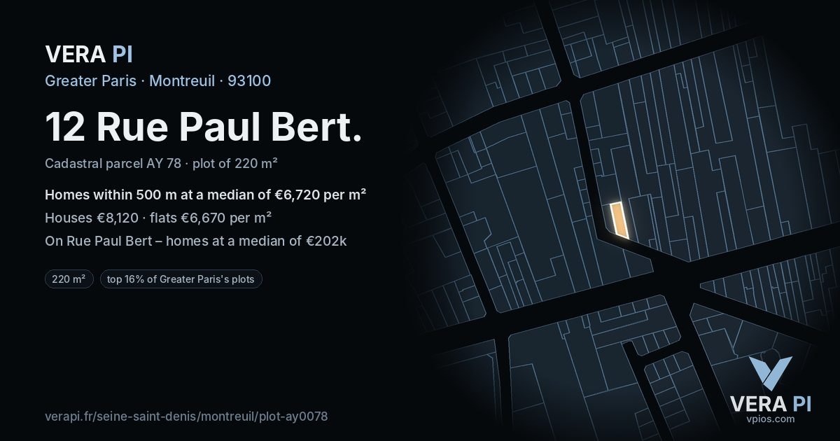 12 Rue Paul Bert, Montreuil at night – the plot lit, the parcels around coloured by the prices near them