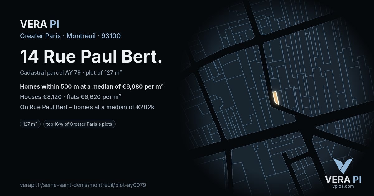14 Rue Paul Bert, Montreuil at night – the plot lit, the parcels around coloured by the prices near them