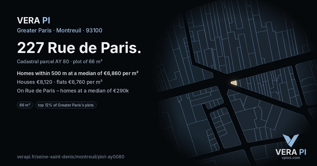 227 Rue de Paris, Montreuil at night – the plot lit, the parcels around coloured by the prices near them