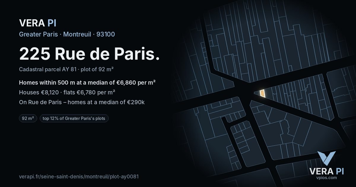 225 Rue de Paris, Montreuil at night – the plot lit, the parcels around coloured by the prices near them