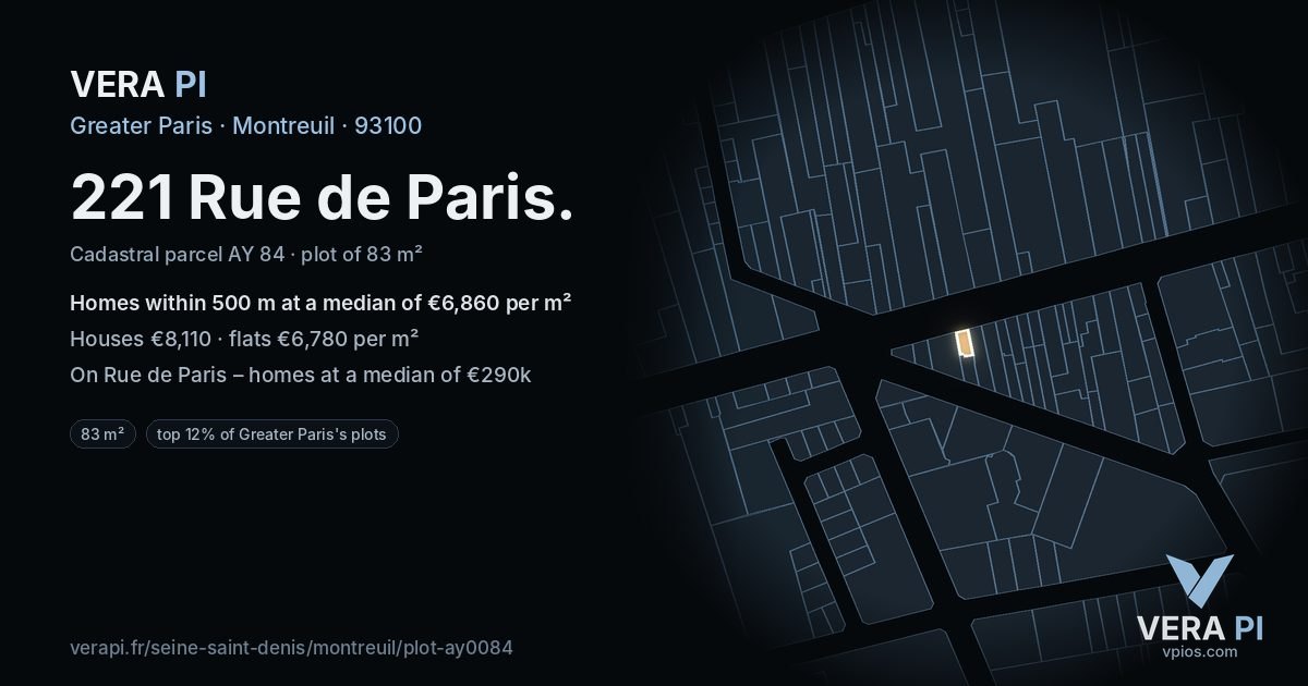 221 Rue de Paris, Montreuil at night – the plot lit, the parcels around coloured by the prices near them