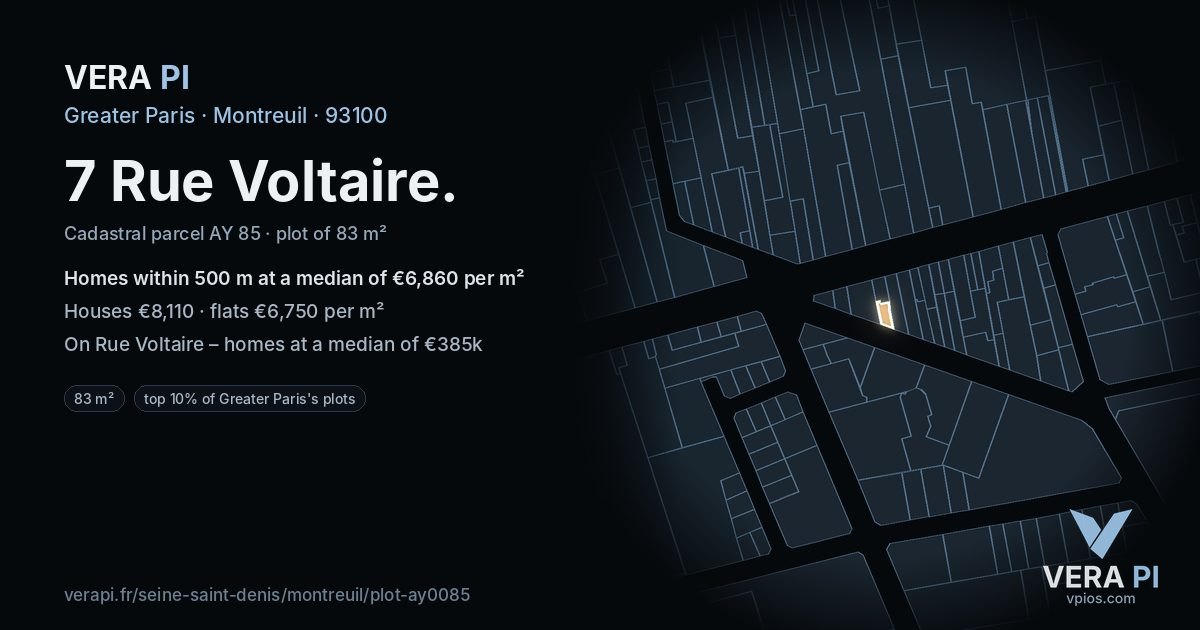 7 Rue Voltaire, Montreuil at night – the plot lit, the parcels around coloured by the prices near them