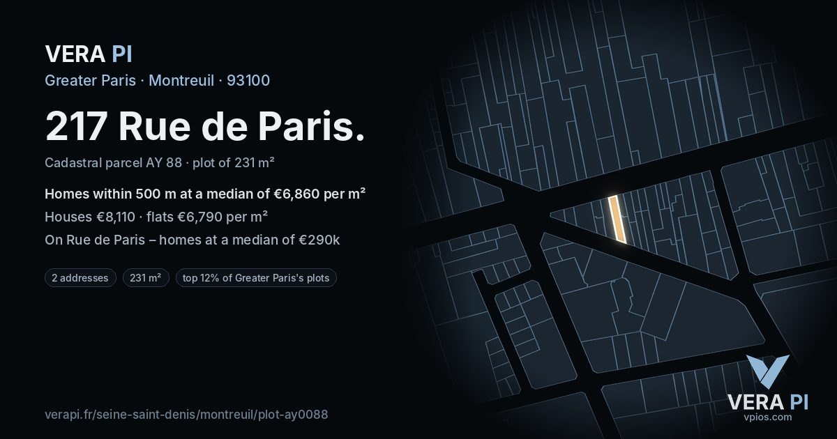 217 Rue de Paris, Montreuil at night – the plot lit, the parcels around coloured by the prices near them