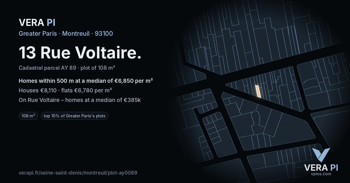 13 Rue Voltaire, Montreuil at night – the plot lit, the parcels around coloured by the prices near them