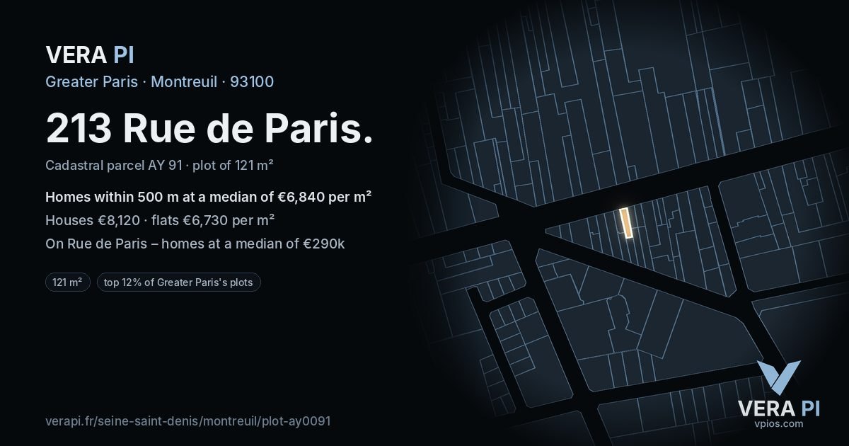 213 Rue de Paris, Montreuil at night – the plot lit, the parcels around coloured by the prices near them