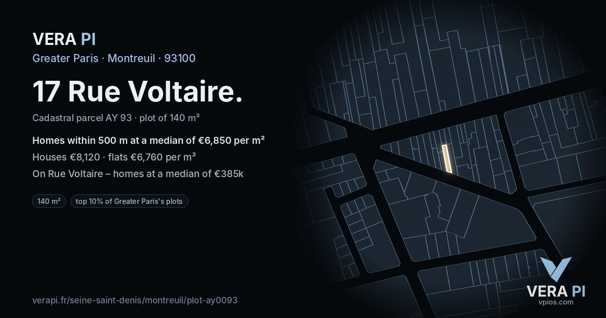 17 Rue Voltaire, Montreuil at night – the plot lit, the parcels around coloured by the prices near them