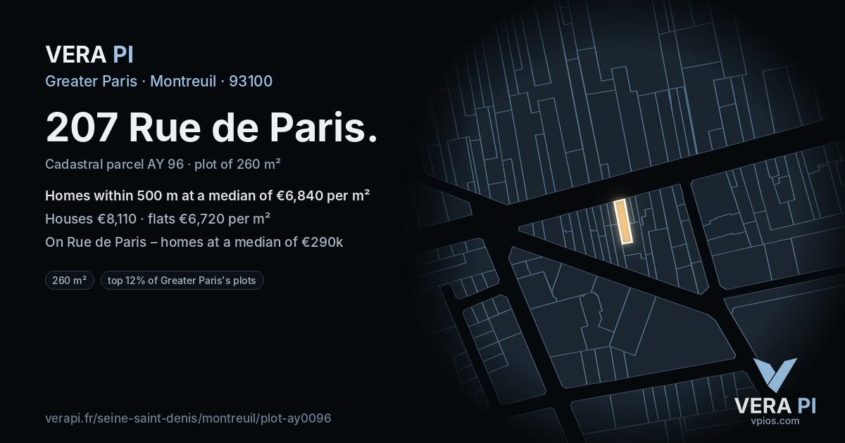 207 Rue de Paris, Montreuil at night – the plot lit, the parcels around coloured by the prices near them