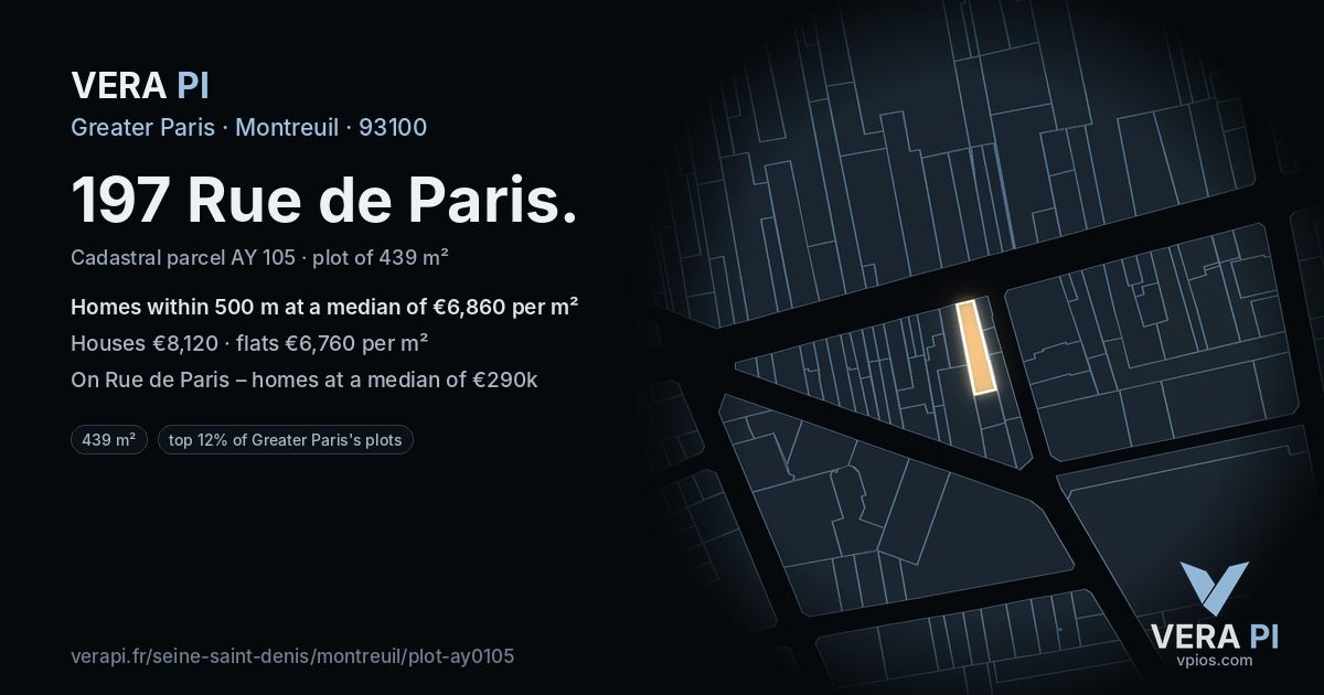 197 Rue de Paris, Montreuil at night – the plot lit, the parcels around coloured by the prices near them
