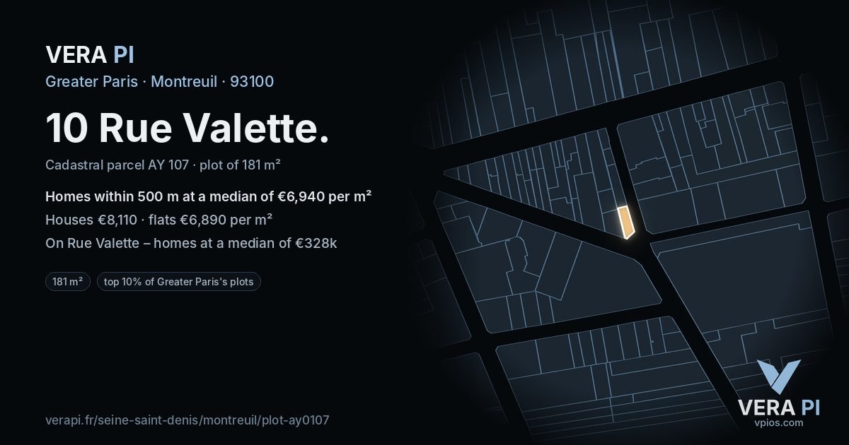 10 Rue Valette, Montreuil at night – the plot lit, the parcels around coloured by the prices near them