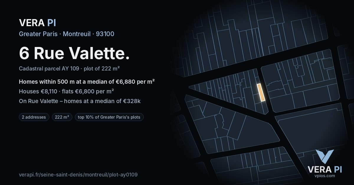 6 Rue Valette, Montreuil at night – the plot lit, the parcels around coloured by the prices near them