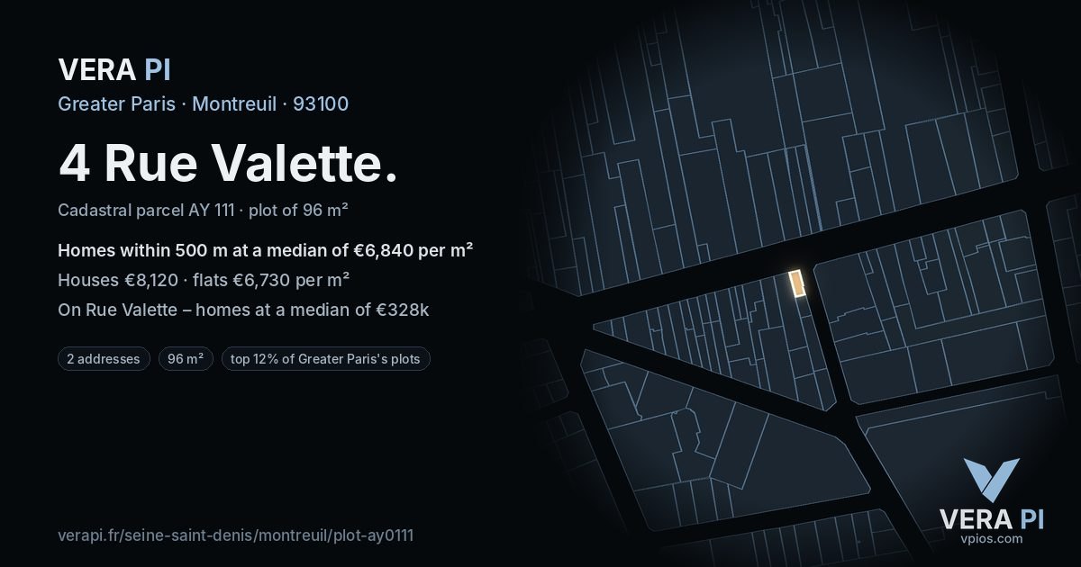 4 Rue Valette, Montreuil at night – the plot lit, the parcels around coloured by the prices near them