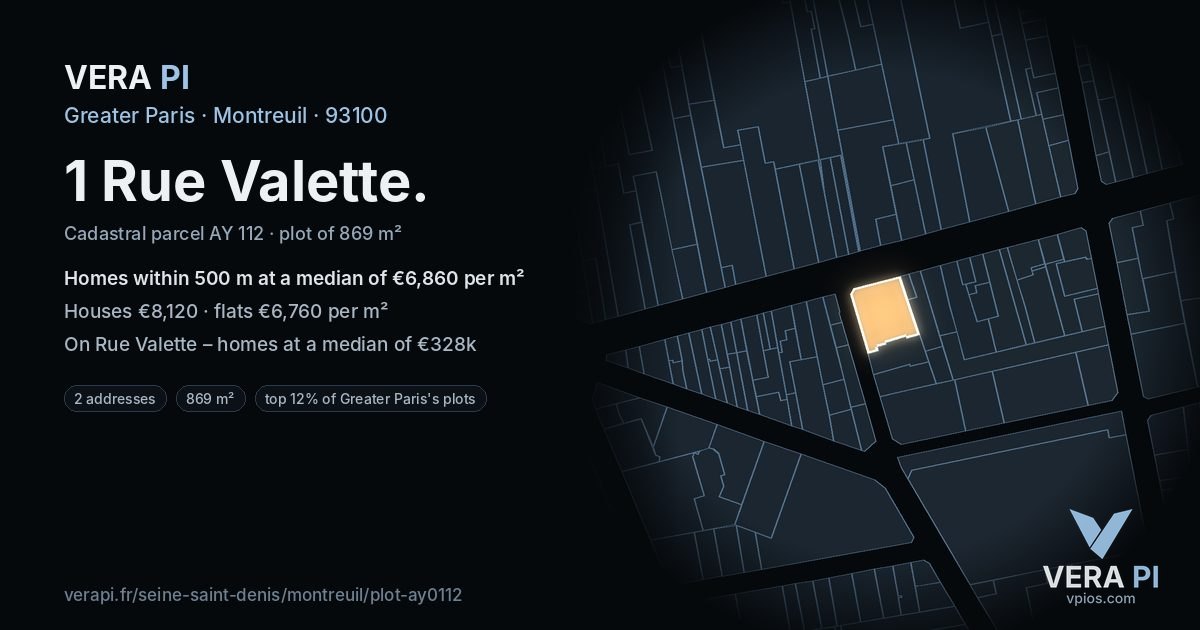 1 Rue Valette, Montreuil at night – the plot lit, the parcels around coloured by the prices near them
