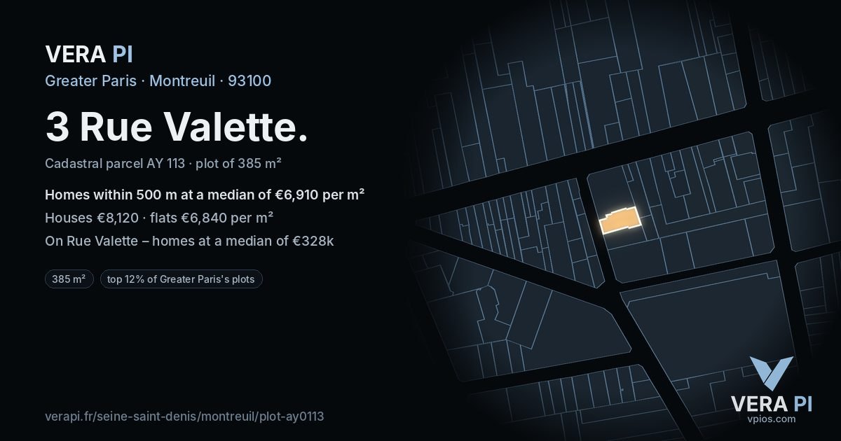 3 Rue Valette, Montreuil at night – the plot lit, the parcels around coloured by the prices near them